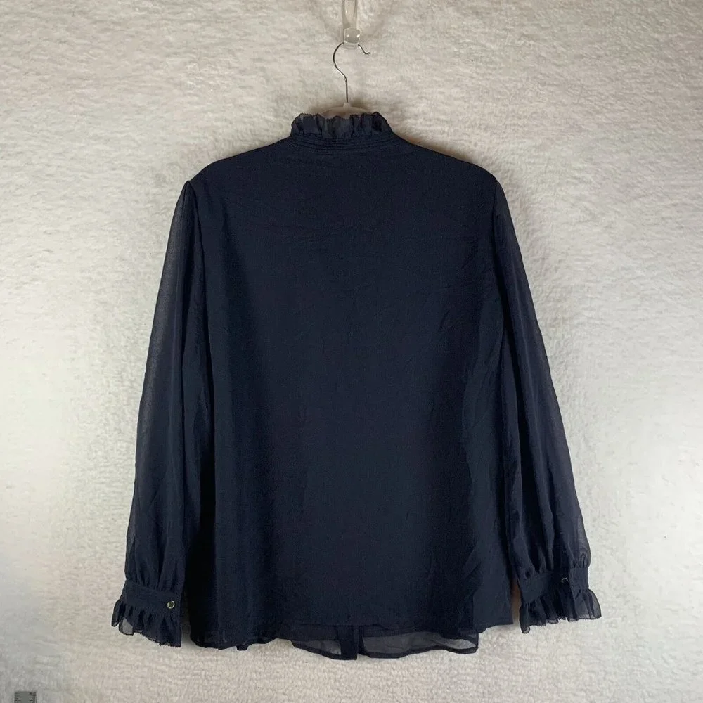 Carmen Marc Valvo Sheer Blouse Womens XL Black‎ Ruffle Sleeve Button Front 7761 - Picture 2 of 5